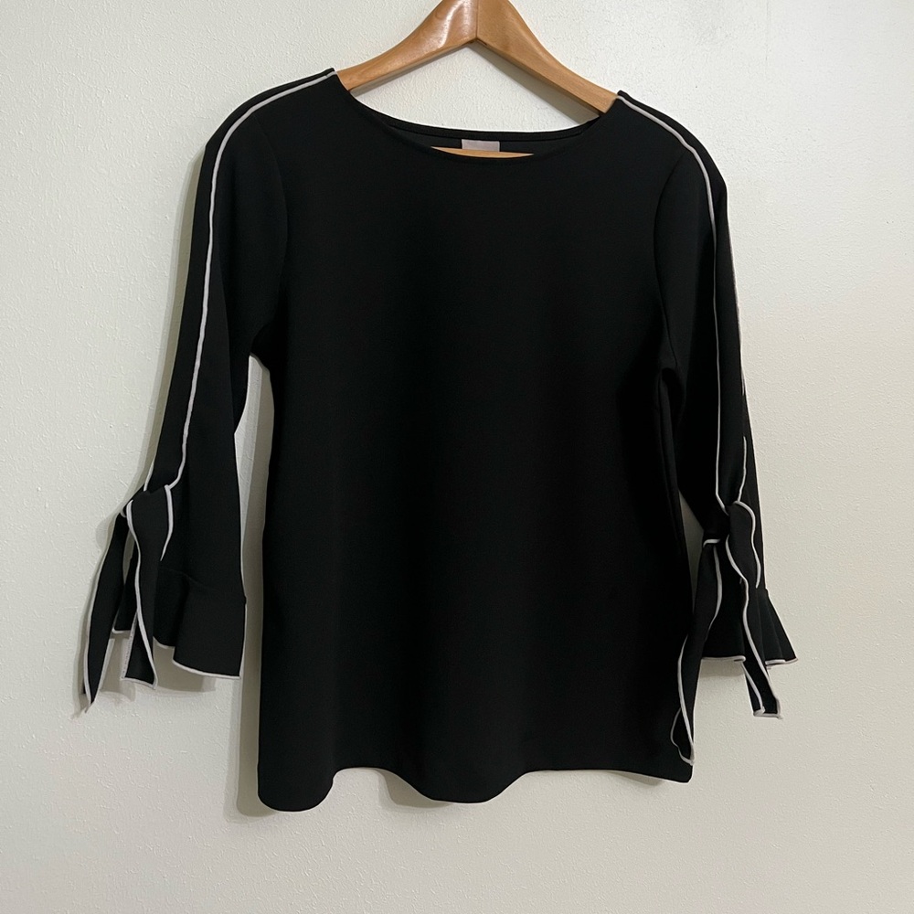 Chico’s Black Blouse with White Piping & Tie Sleeves — Size Small